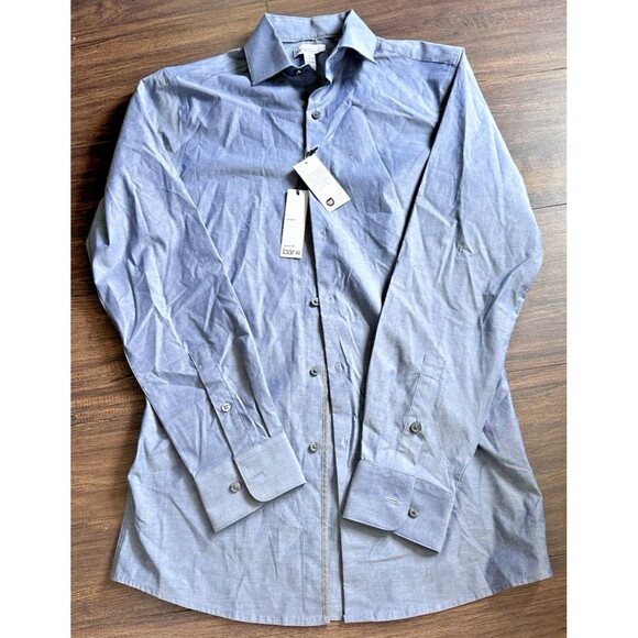 Bar III Men's Slim Fit Stretch Chambray Long Sleeve Dress Shirt Indigo Blue L - Picture 3 of 8